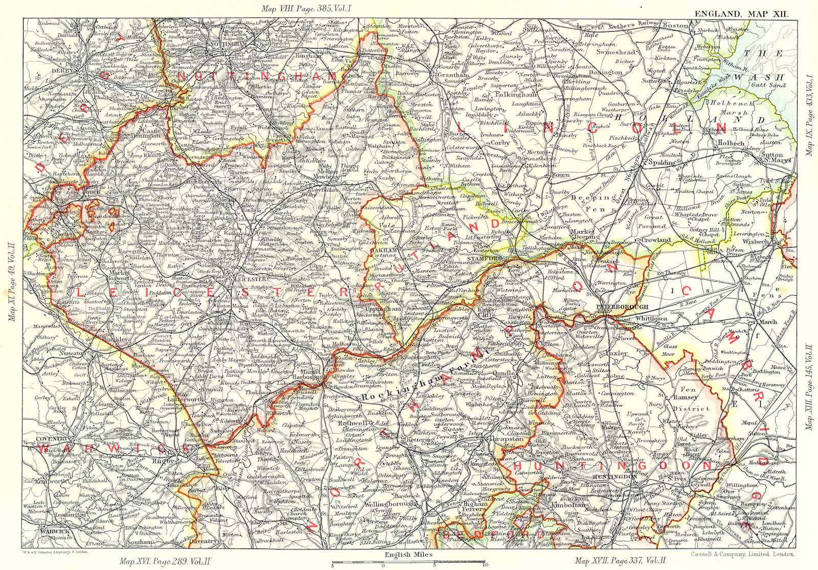 EAST MIDLANDS. Fens Northants Leics Rutland Lincs Huntingdonshire 1893 old map